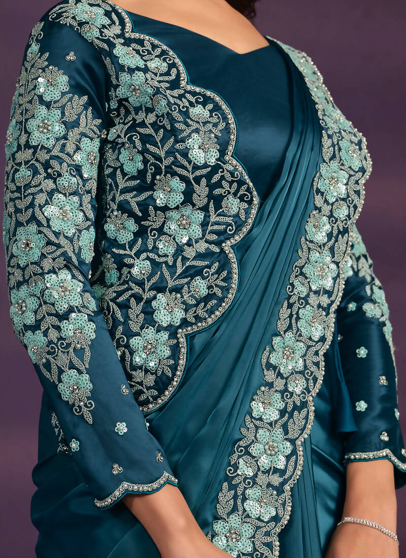 Light Blue Crepe Satin Silk Embroidered Saree With Stitched Blouse - Mohmanthan Exotica | Grocsy