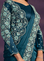 Light Blue Crepe Satin Silk Embroidered Saree With Stitched Blouse - Mohmanthan Exotica | Grocsy