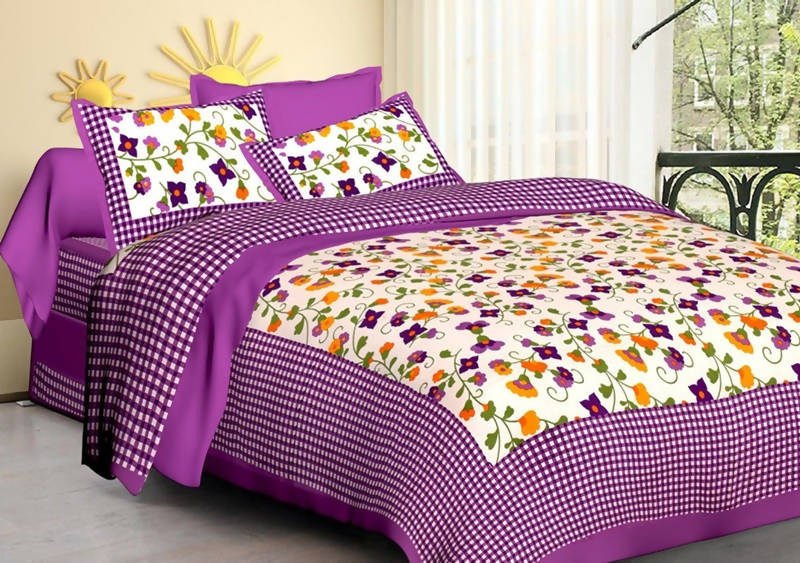 Vamika Printed Cotton Purple Bedsheet With Pillow Covers (LEOC_CHKM_PR) | Grocsy