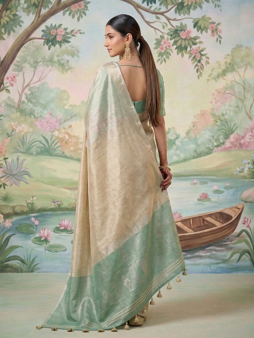 Shree Shyam Fashion Beige Tissue Silk Saree | Grocsy