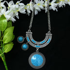 Mominos Fashion Johar Kamal Oxidised Silver-Plated Stone Work Long Necklace Handicraft Sky Blue | Grocsy