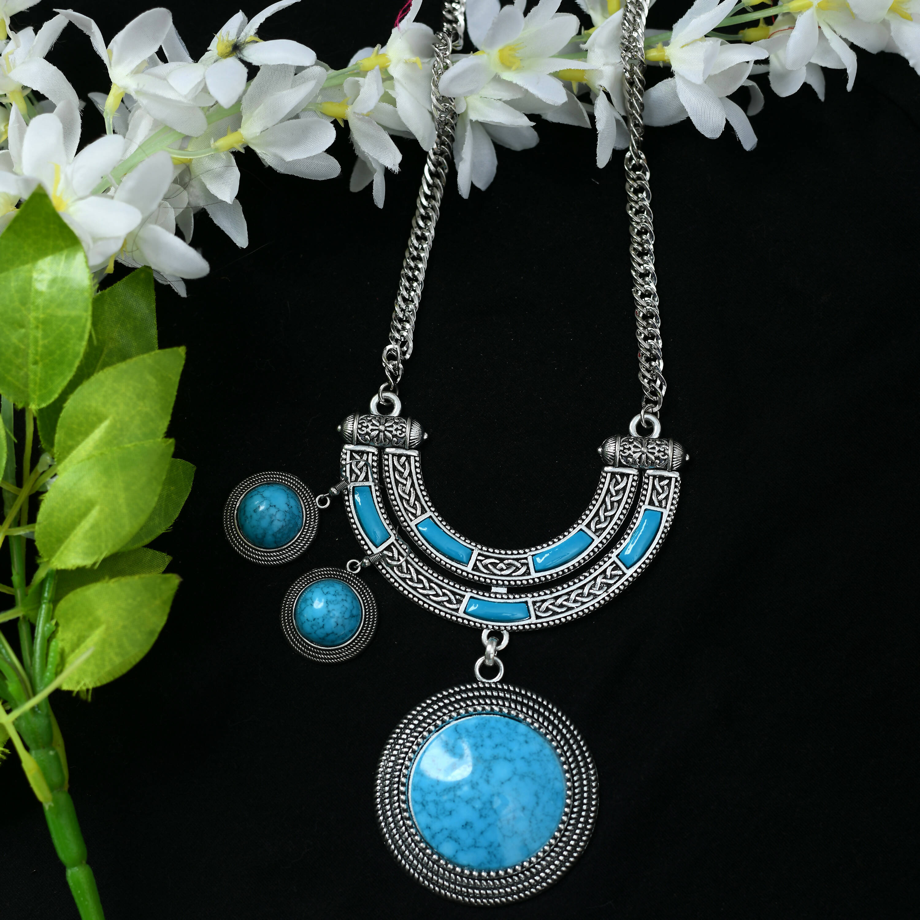 Mominos Fashion Johar Kamal Oxidised Silver-Plated Stone Work Long Necklace Handicraft Sky Blue | Grocsy