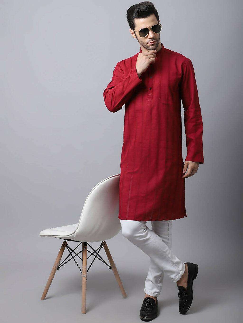 Even Apparels Maroon Pure Cotton Men's Kurta With Band Collar | Grocsy