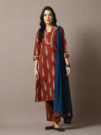 Myshka Women's Rust Printed Cotton Straight Party Kurta Set With Dupatta | Grocsy