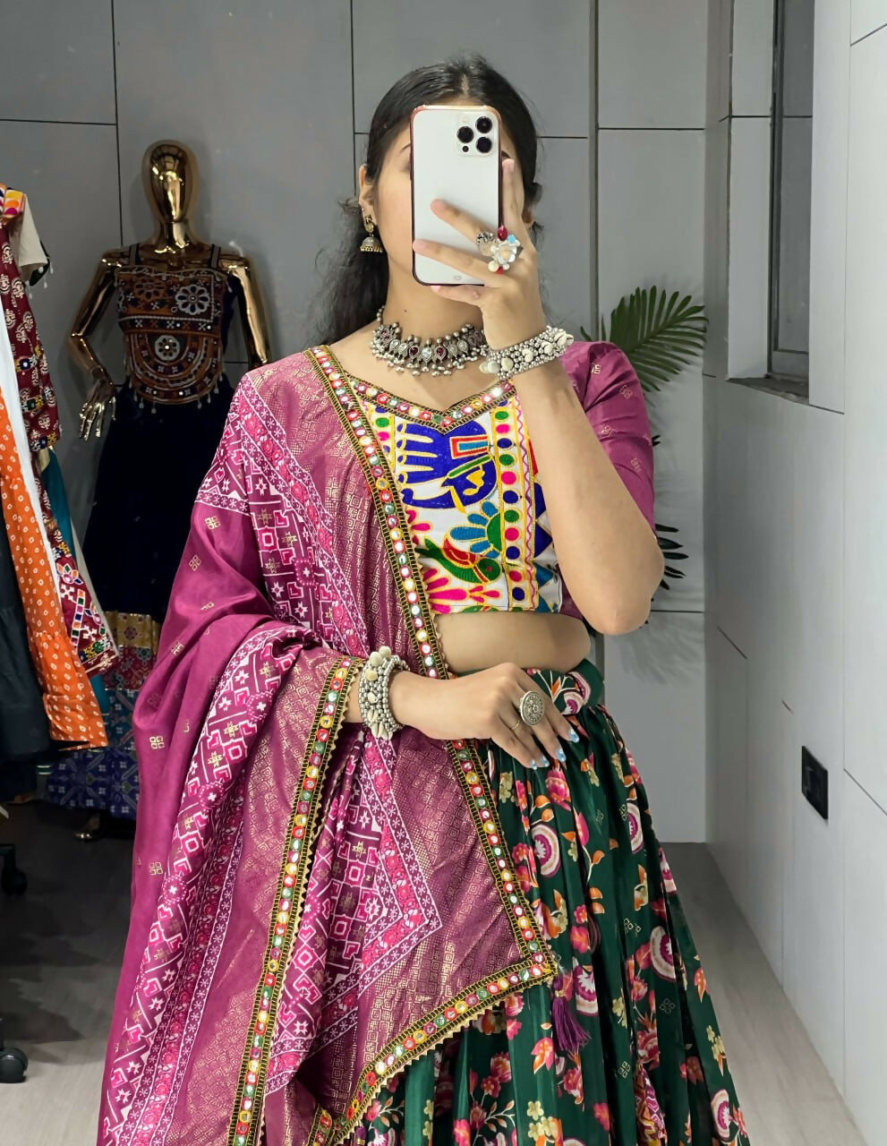 Yash Enterprise Green Silk Embroidery Semi Stitched Navratri Chaniya Choli | Grocsy