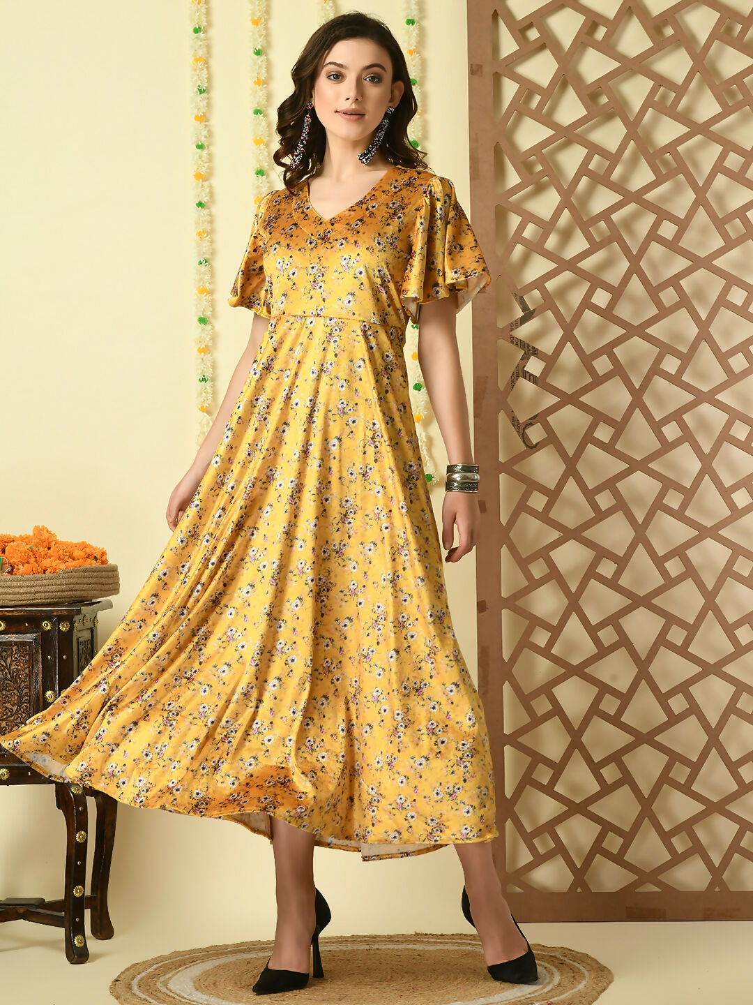 Myshka Women's Multi Printed Velvet Party Dress | Grocsy
