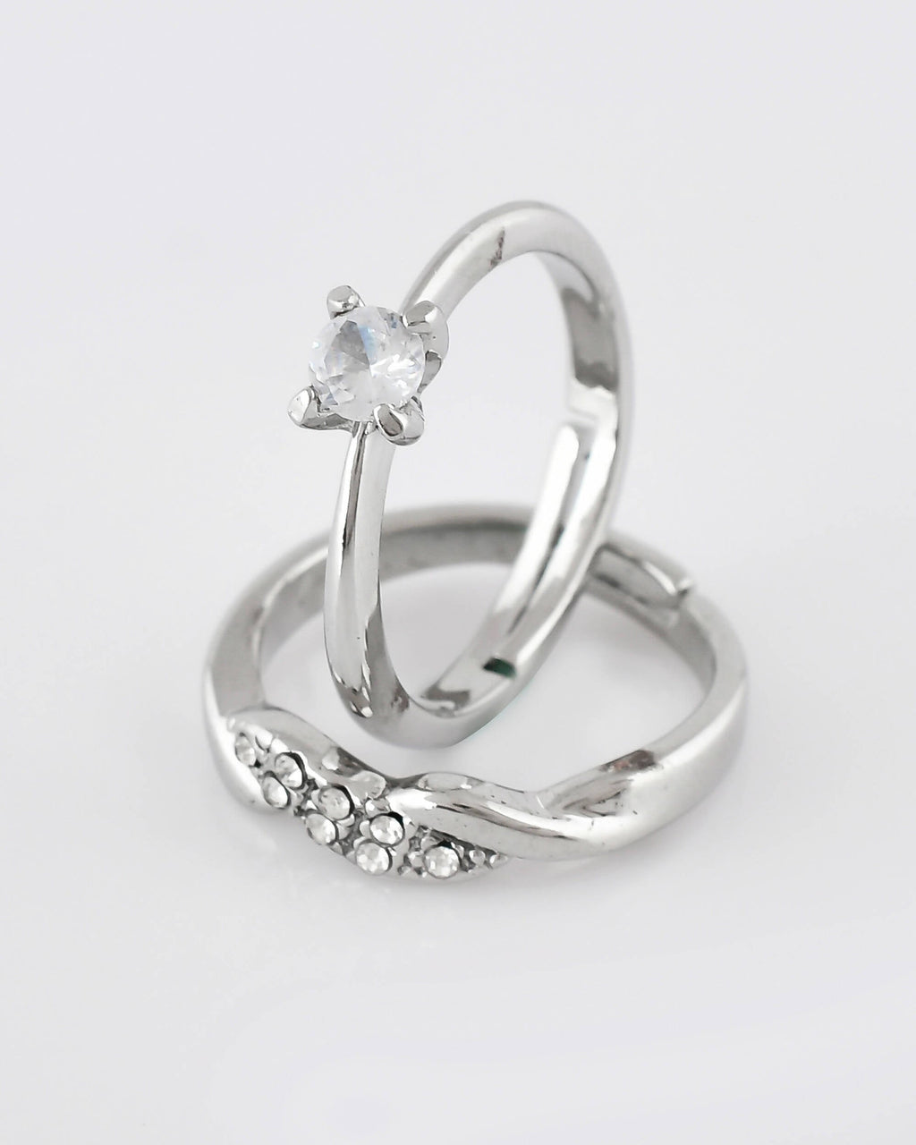 VOJ Stainless Steel Cubic Zirconia Silver Plated Adjustable Ring Set for Couple | Grocsy