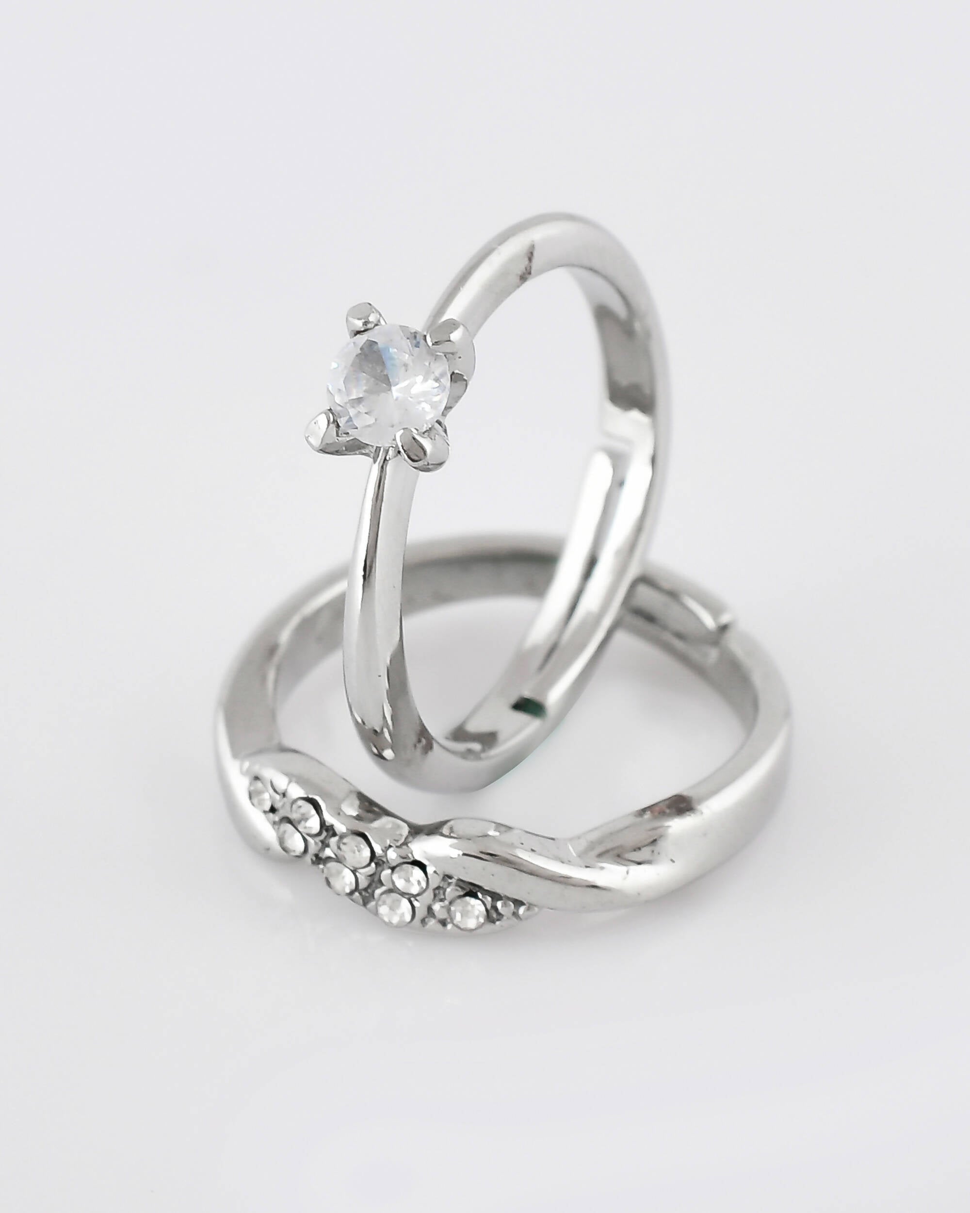 VOJ Stainless Steel Cubic Zirconia Silver Plated Adjustable Ring Set for Couple | Grocsy