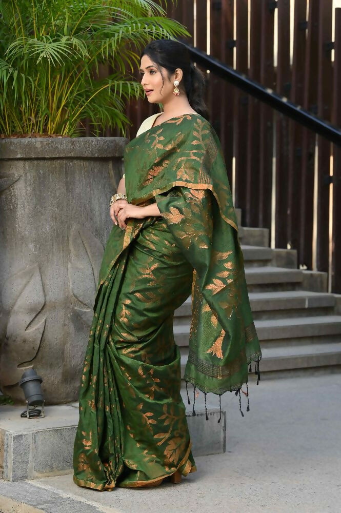 Beatitude Green Cotton Floral Jamdani Saree | Grocsy