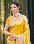 Sangam Prints Yellow Kanjivaram Silk Woven Work Traditional Saree | Grocsy