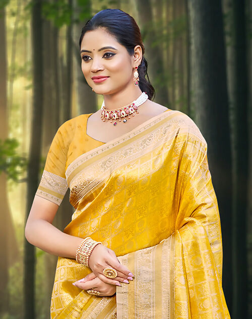 Sangam Prints Yellow Kanjivaram Silk Woven Work Traditional Saree | Grocsy