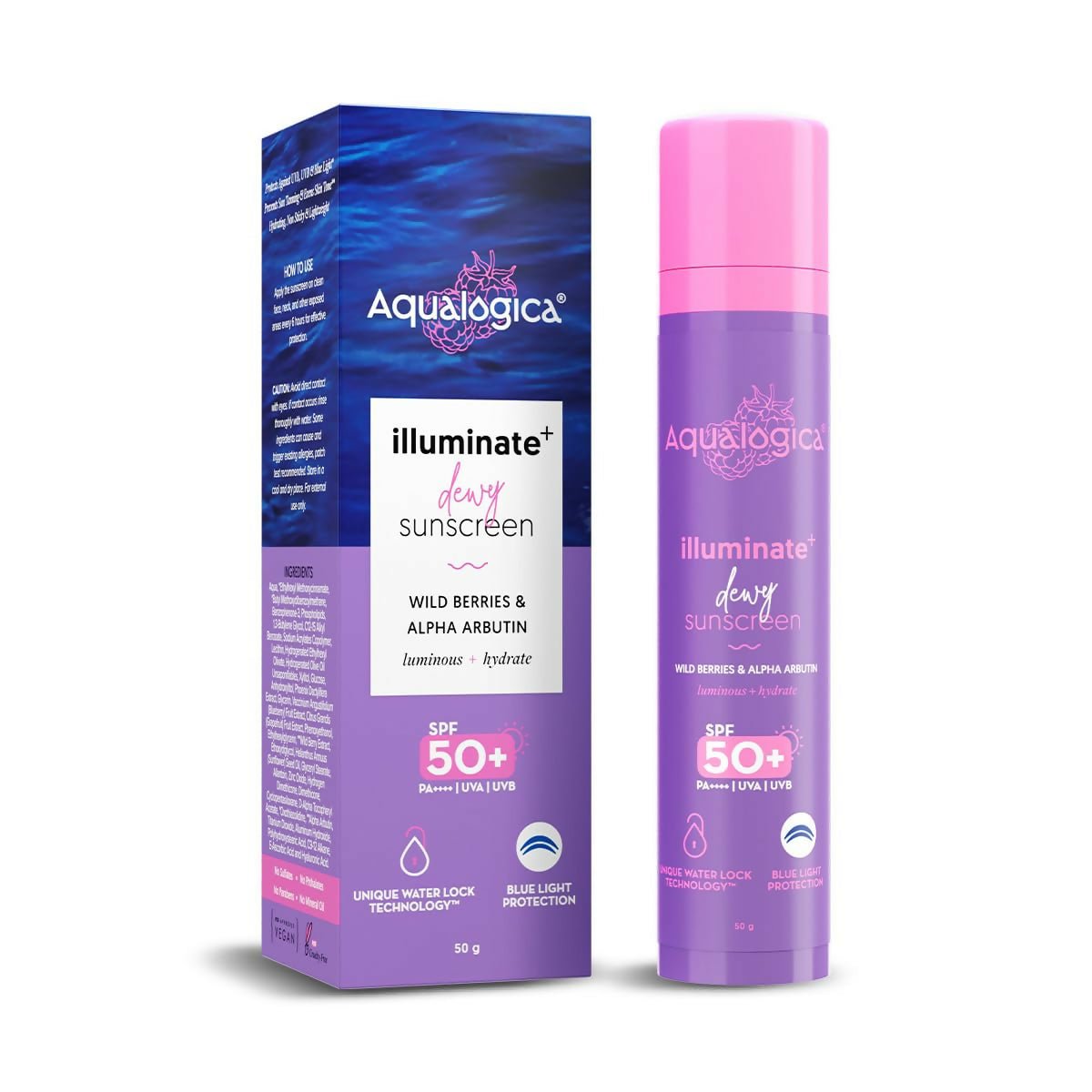 Aqualogica Illuminate+ Dewy Sunscreen SPF 50+ PA++++ with Wild Berries & Alpha Arbutin, Protection Against Uva/B & Blue Light Protection | Grocsy