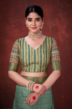 Green Poly Habotai Silk Foil Print Saree with Unstitched Blouse - Kathari | Grocsy