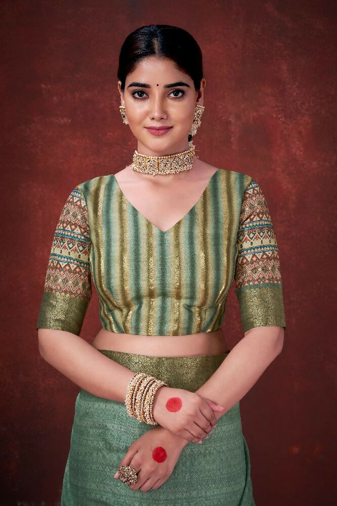 Green Poly Habotai Silk Foil Print Saree with Unstitched Blouse - Kathari | Grocsy
