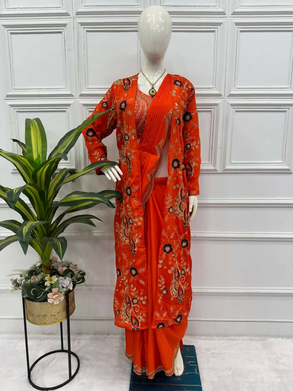 Teeya Creation Orange Color Chinon Silk Designer Embroidery Work Ready To Wear Saree With Koti | Grocsy