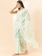 Green Organza Paisely Embroidered Saree with Unstitched Blouse Piece - Roozal | Grocsy