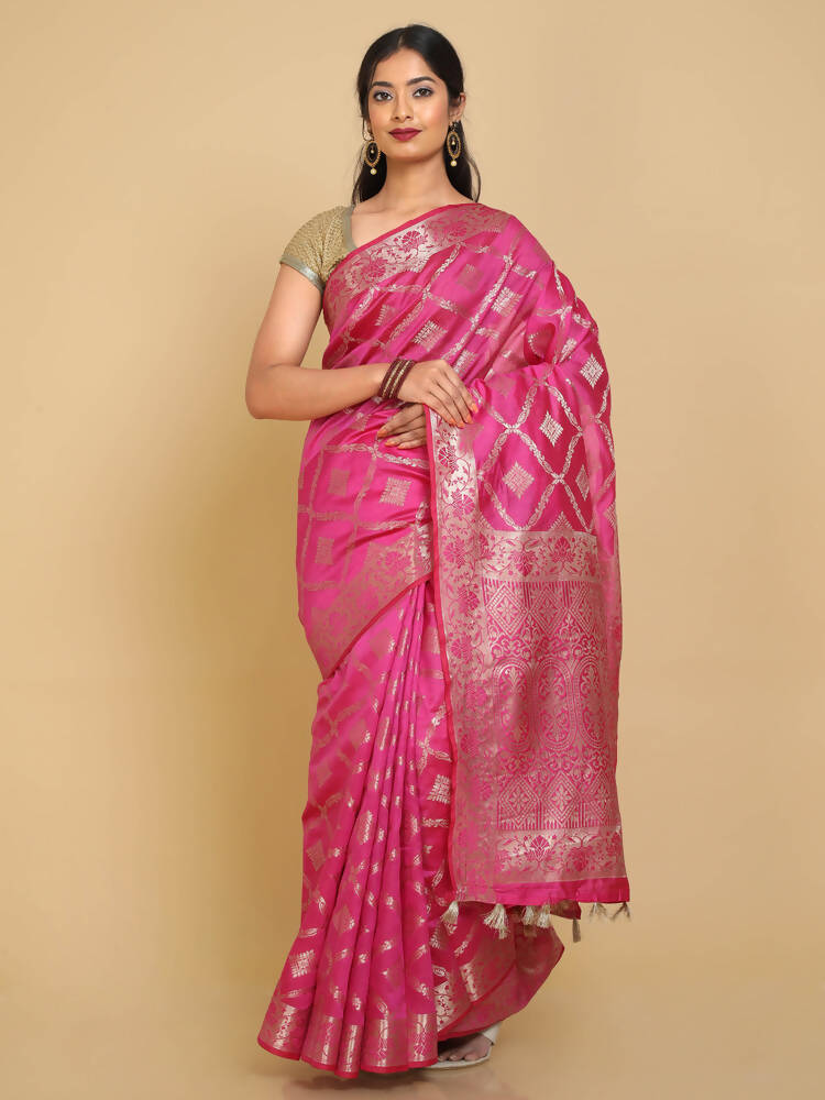 Kalamandir Checked Pink Silk Blend Saree | Grocsy