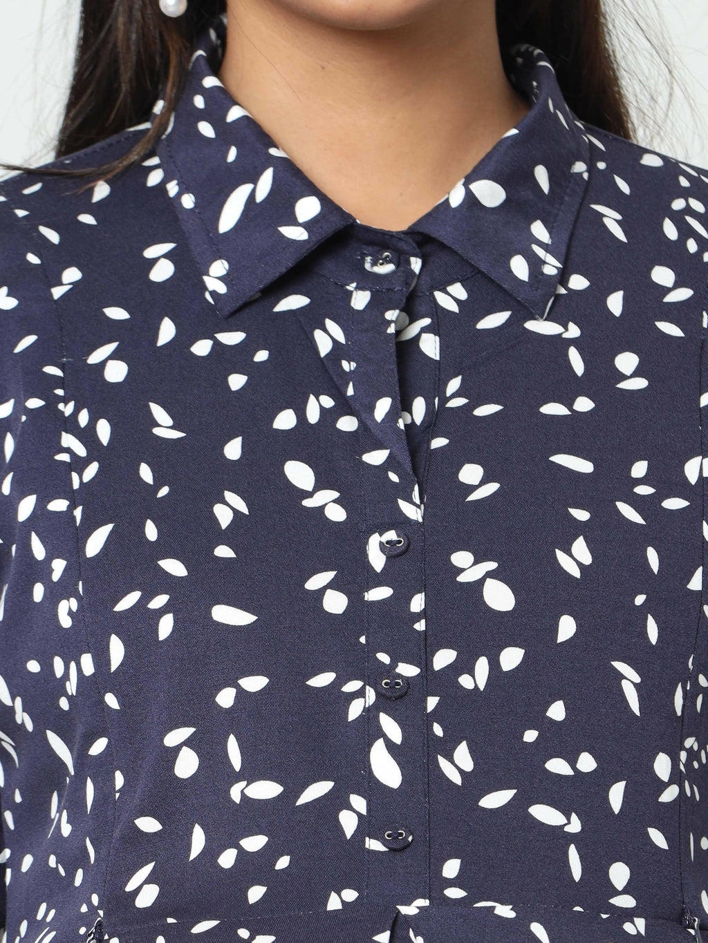 Manet Three Fourth Maternity Dress White Dot Print With Concealed Zipper Nursing Access - Navy Blue | Grocsy