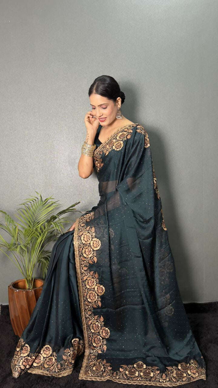 Vastranavya Morpeach Rangoli Silk Zari work with DMC Swarovski work Ready to Wear Saree | Grocsy