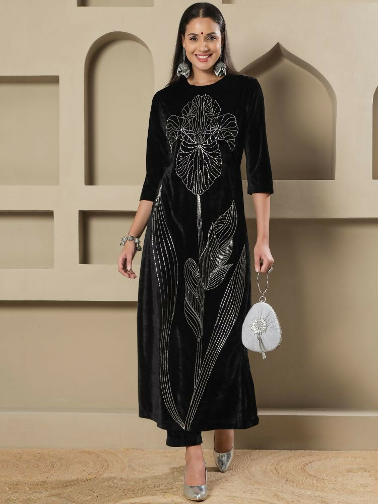 Joban Fashion Women Black Velvet Hand Embellishment Stitched Kurta Set | Grocsy