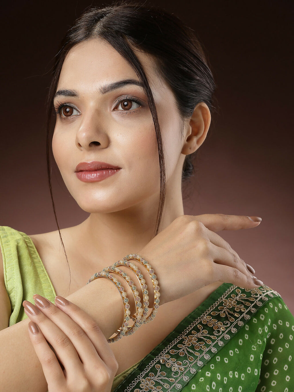 NVR Women's Set of 4 Gold-Polished Beads Handcrafted Traditional Bangles