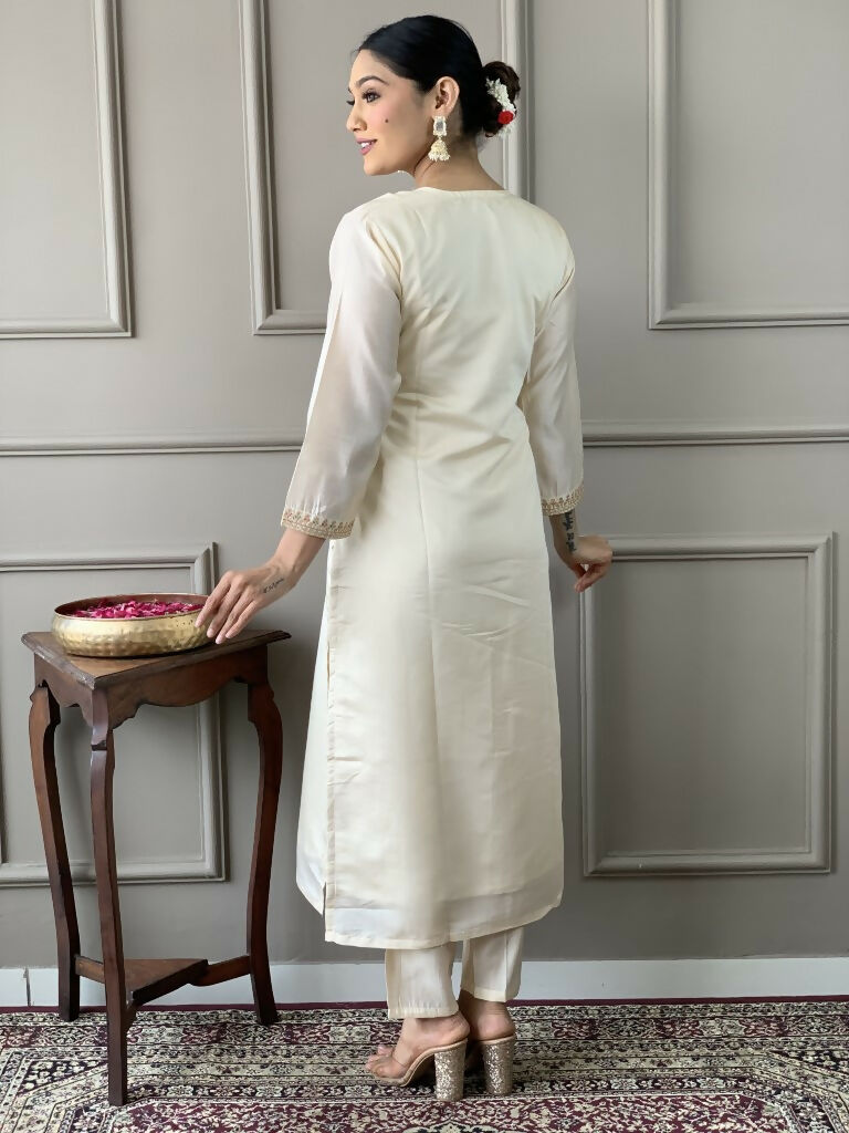 White Viscose Chanderi Stitched Suit With Dupatta - Tanisha | Grocsy