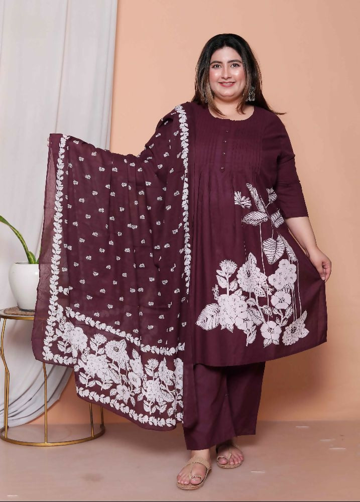 Miravan Womens Plus Size Wine Floral Kurta With Palazzo And Dupatta Set | Grocsy