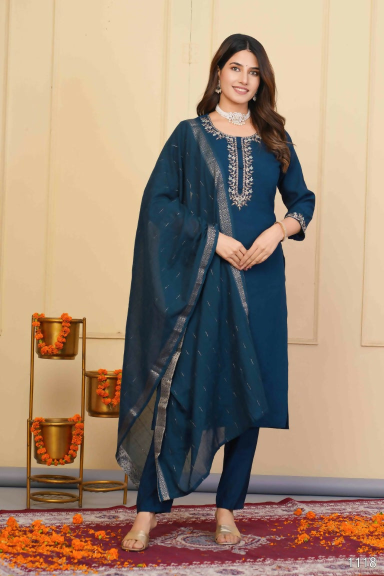 Blue Viscose Chanderi Embroidered Stitched Suit With Dupatta - Tanisha | Grocsy