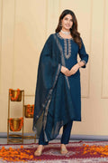 Blue Viscose Chanderi Embroidered Stitched Suit With Dupatta - Tanisha | Grocsy