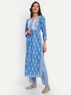 Alvano Printed Naira Cut Kurti with Pant set for Women and Girls Cotton (Blue) | Grocsy