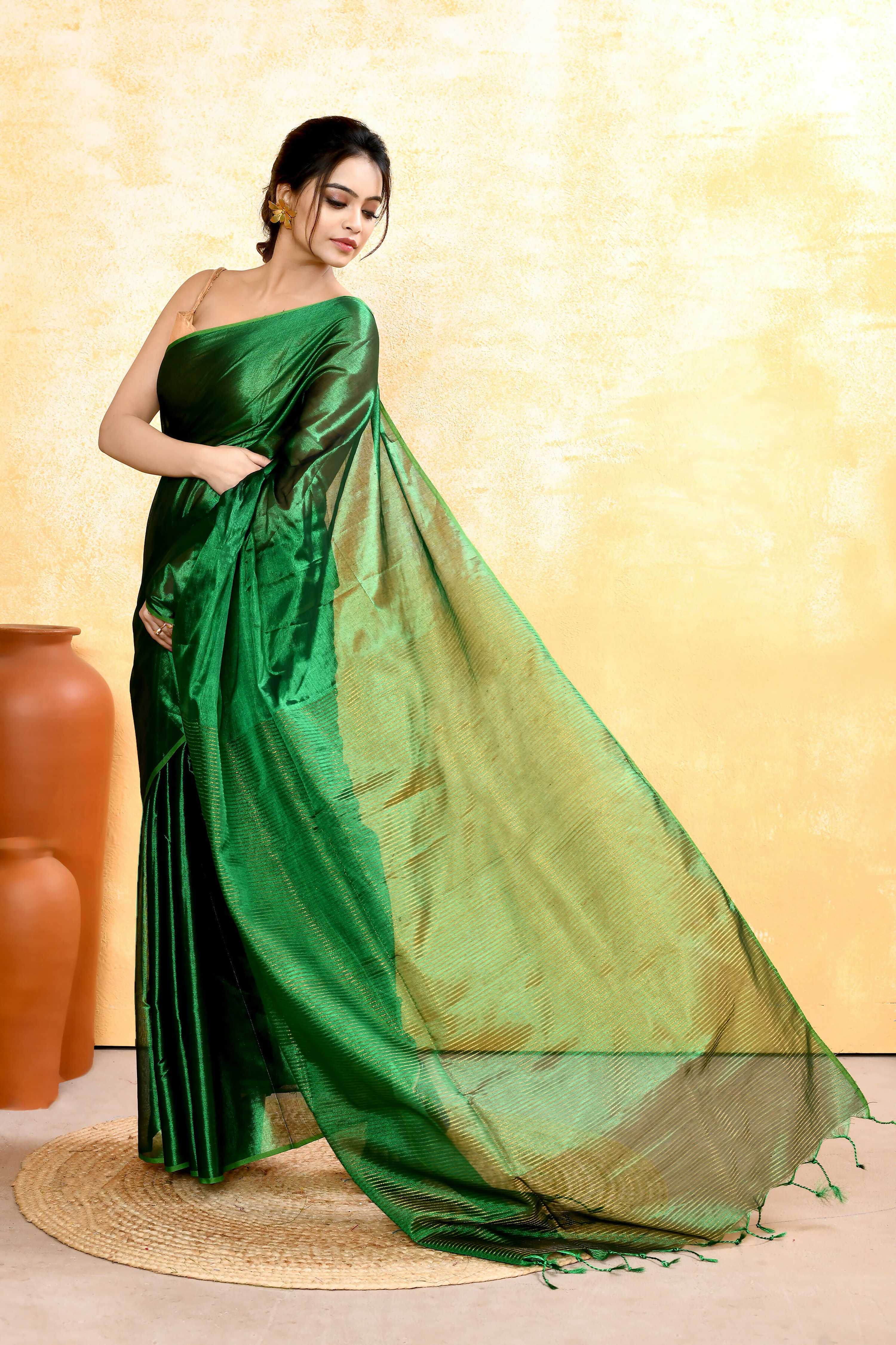 Piyari Fashion Women's Green Dual Tone Organic Tissue Saree With Blouse Piece | Grocsy