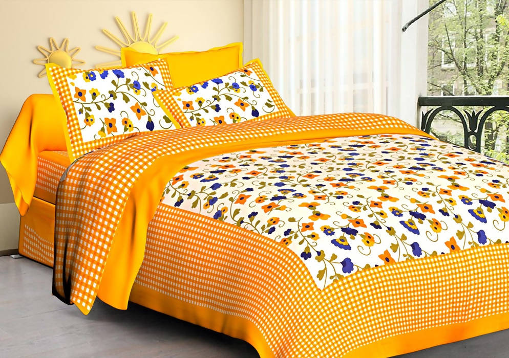 Vamika Printed Cotton Yellow Bedsheet With Multicolor Pillow Covers (LEOC_CHKM_Y) | Grocsy