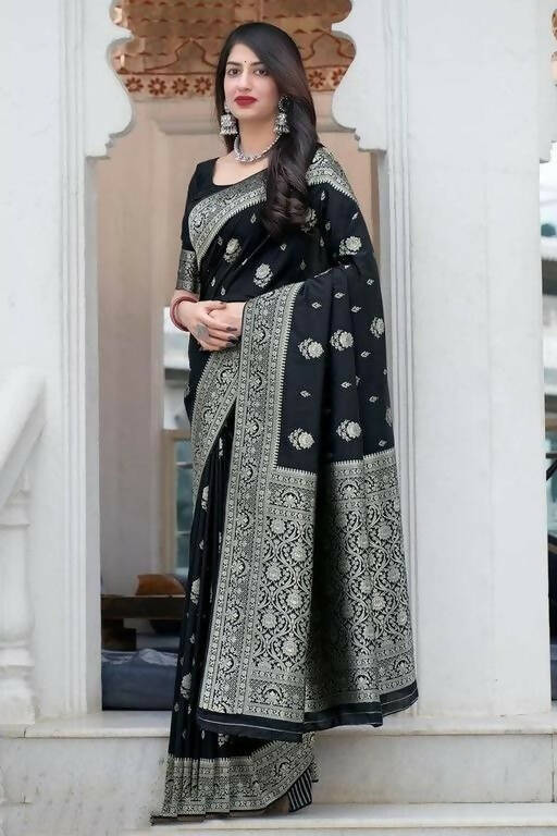 DEIANA'S Beautiful Designer Golden zari Soft Lichi Silk Saree - Black | Grocsy