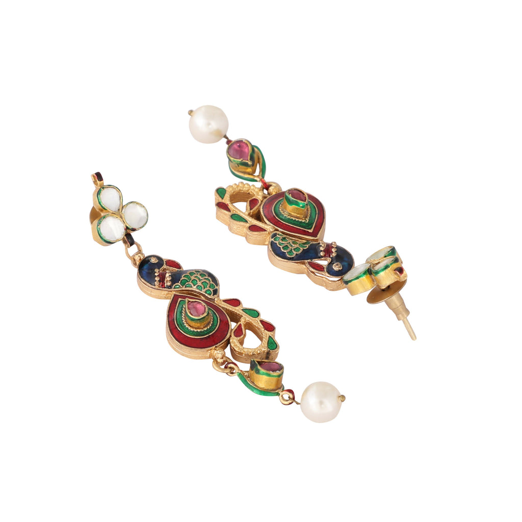 Nuyug 22K Gold Plated Pearl Drop Kundan Studded Ethnic Peacock Shaped Drop Earrings | Grocsy