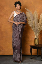Very Much Indian Handblock Printed Cotton Saree With Natural Dyes - Brown | Grocsy