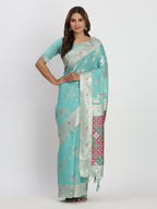 Shree Shyam Fashion Linen Cotton Sea Green Saree | Grocsy
