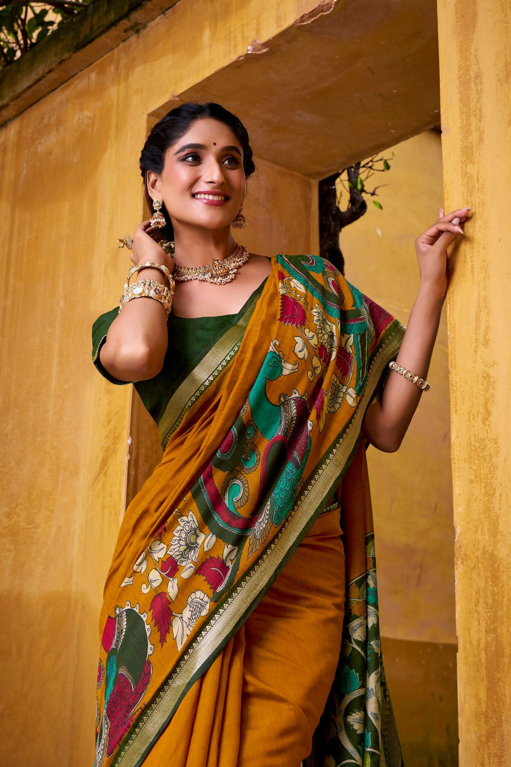Vastranavya Mustard Viscose Chanderi Kalamkari Print with Zari Working Saree & Unstitched Blouse | Grocsy