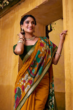 Vastranavya Mustard Viscose Chanderi Kalamkari Print with Zari Working Saree & Unstitched Blouse | Grocsy
