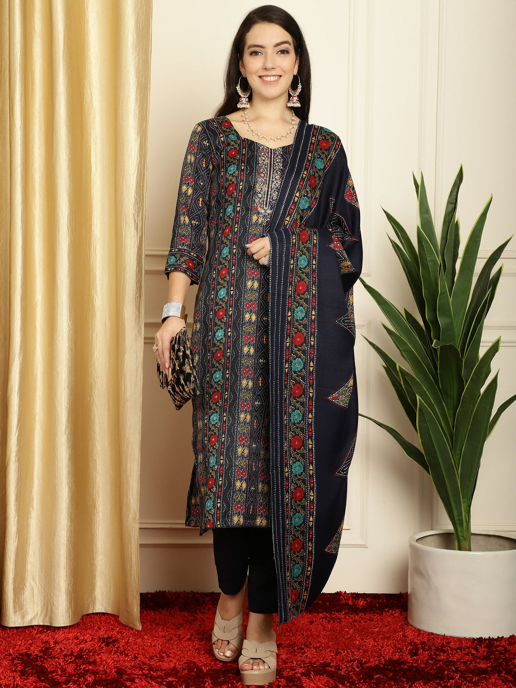 Jyoti Fashion Women's Navy Blue Pashmina Floral Digital Printed Kurta with Trouser & Dupatta | Grocsy