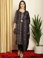 Jyoti Fashion Women's Navy Blue Pashmina Floral Digital Printed Kurta with Trouser & Dupatta | Grocsy