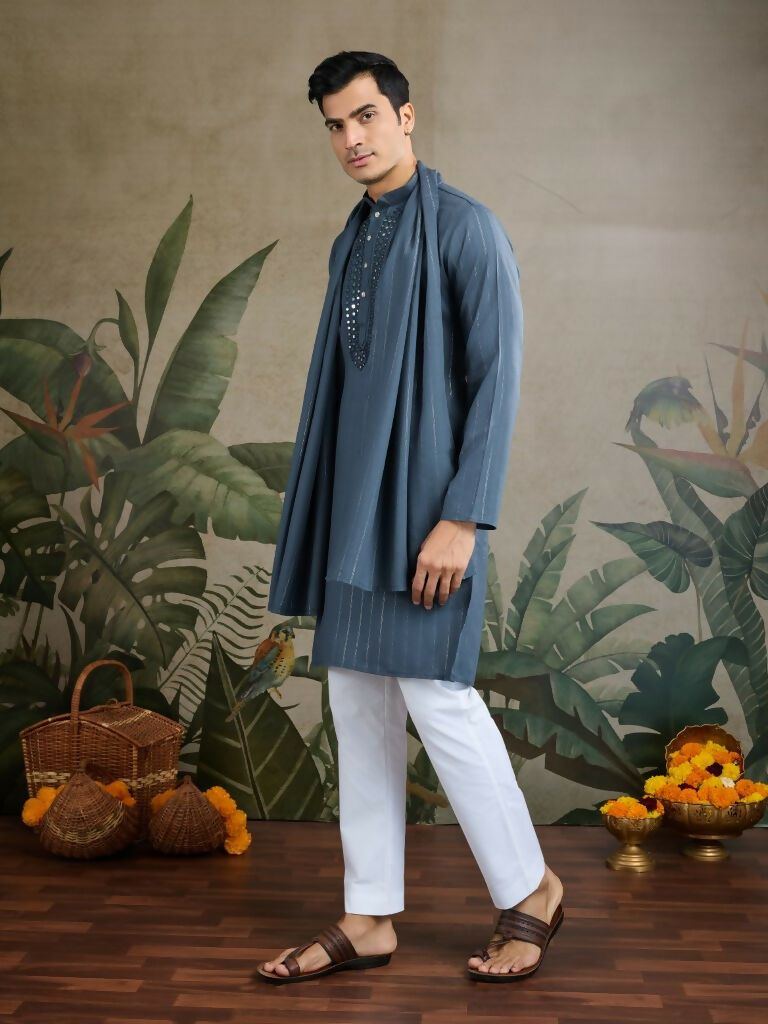 Vastranavya Blue Grey Exclusive Viscose Rayon Festival Wear Real Mirror Work Kurta with Dupatta | Grocsy