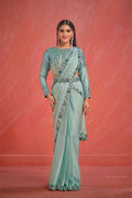 Light Blue Crepe Silk Satin Cord & Sequence Embroidery with Thread & Stone Work Saree With Stitched Blouse - Mohmanthan Elegancia | Grocsy
