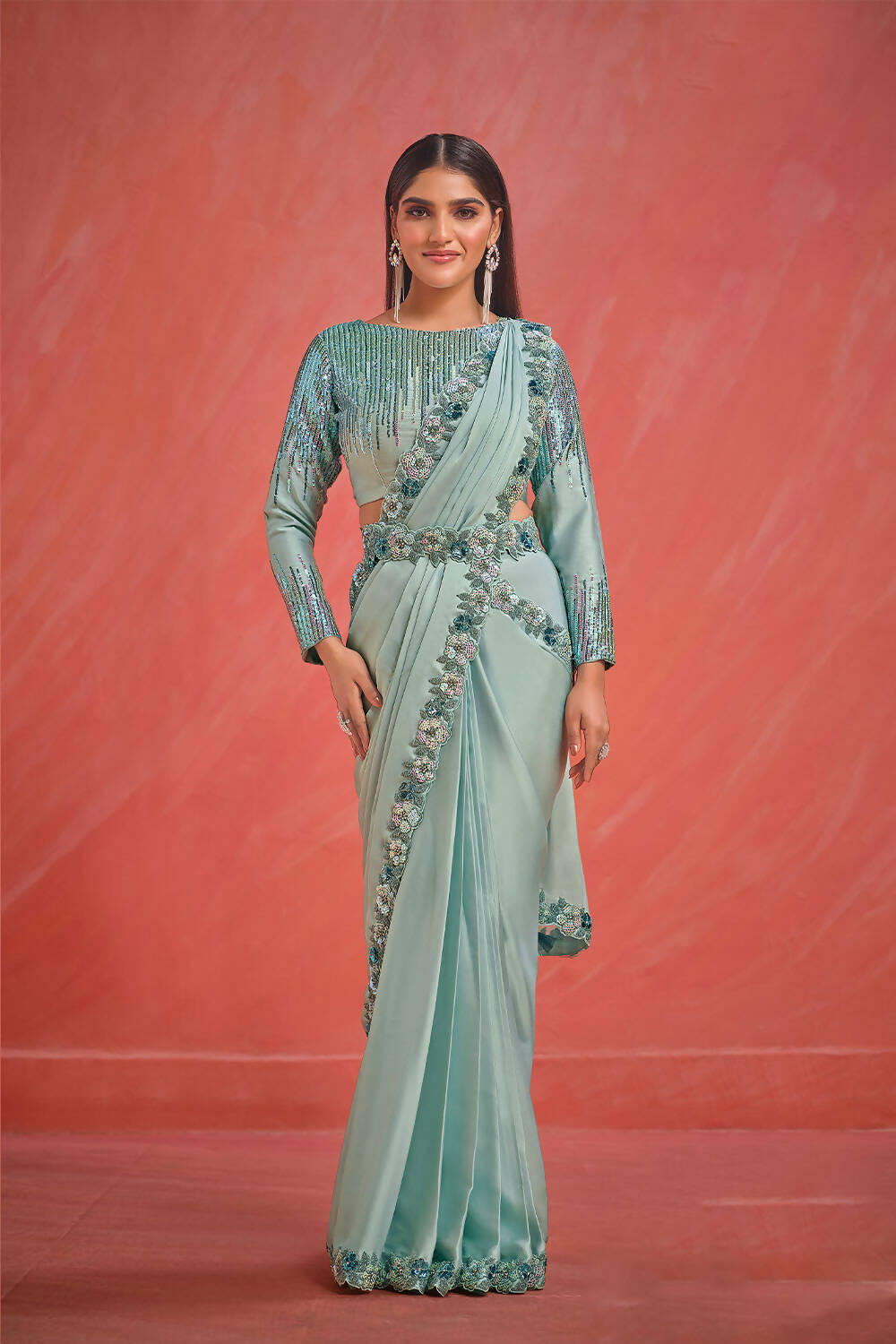 Light Blue Crepe Silk Satin Cord & Sequence Embroidery with Thread & Stone Work Saree With Stitched Blouse - Mohmanthan Elegancia | Grocsy