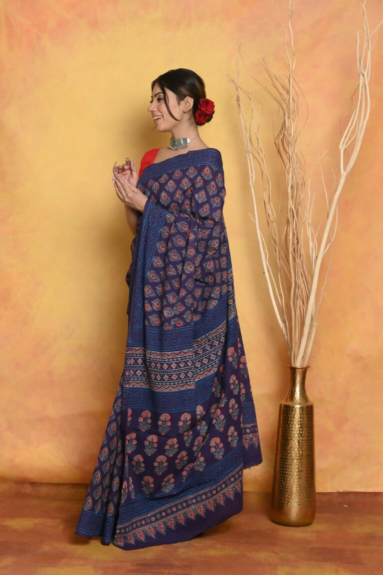 Very Much Indian Handblock Printed Cotton Saree With Natural Dyes - Blue | Grocsy