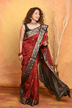 Very Much Indian Modal Silk Ajrakh Handblock Printed Natural Dyes With Designer Border Saree - Red | Grocsy