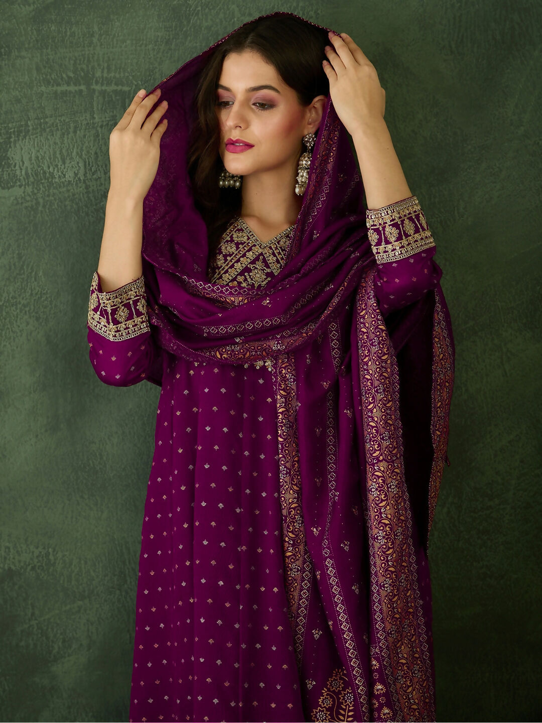The52 Wine Women's Gorgeous Embroidered Work Vichitra Silk Fabric Flared Kurta Pant and Dupatta Set | Grocsy