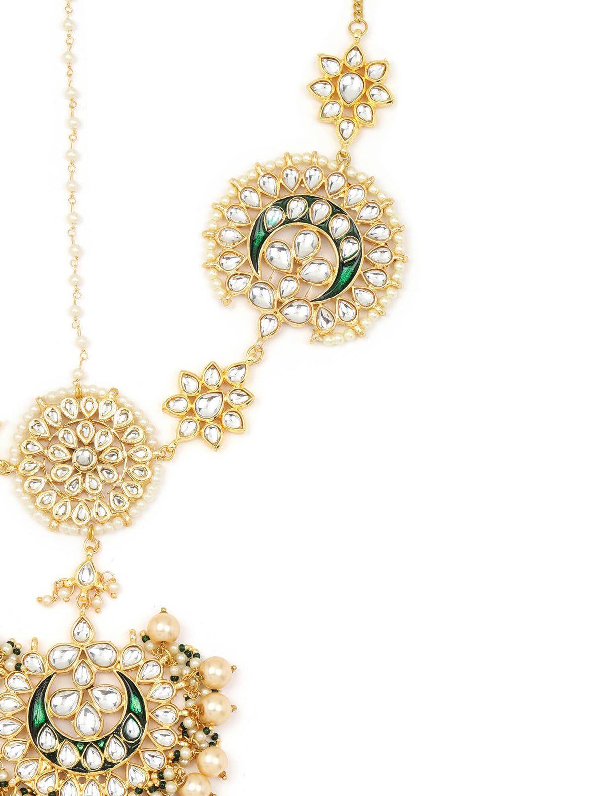 Gold-Polished White Kundan-Studded Pearl Beaded Matha Patti - Ruby Raang | Grocsy