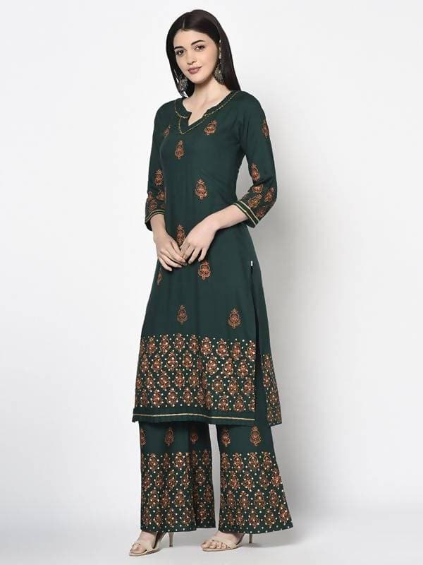 Aniyah Rayon Bottle Green Color Block Print Straight Kurta Palazzo Set (AN-217K) | Grocsy