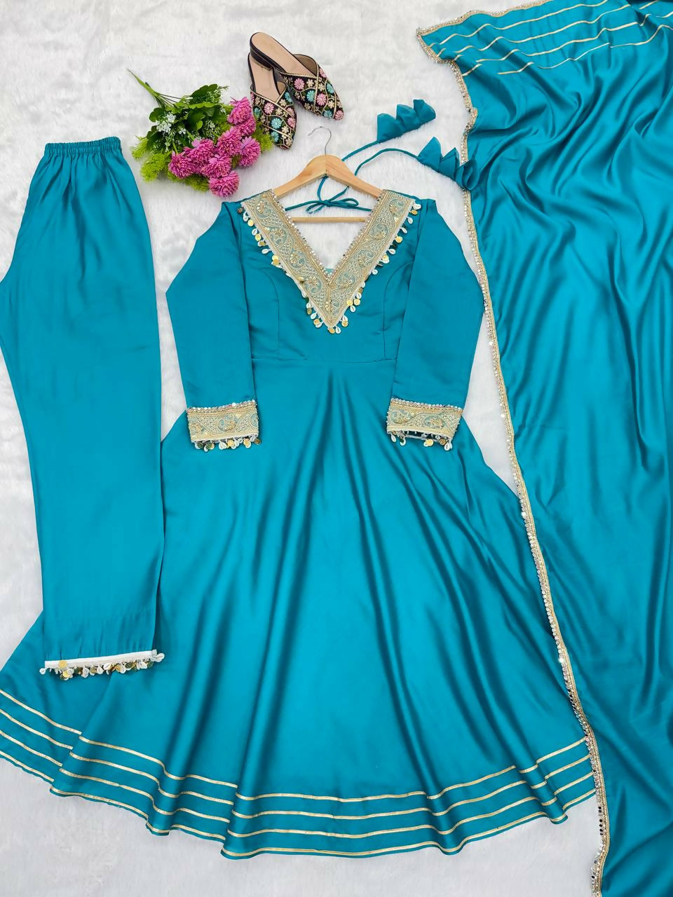 Teeya Creation New Womens Trendy Stylish Teal Blue Embroidered Silk Blend Anarkali Kurta With Pants & Dupatta Set | Grocsy