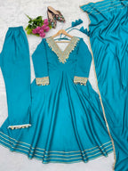 Teeya Creation New Womens Trendy Stylish Teal Blue Embroidered Silk Blend Anarkali Kurta With Pants & Dupatta Set | Grocsy